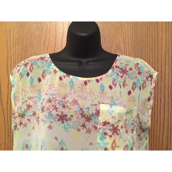 Decree Blouse Womens Size S Sleeveless Yellow Floral Multi Sheer Top Longer Back - Picture 2 of 9